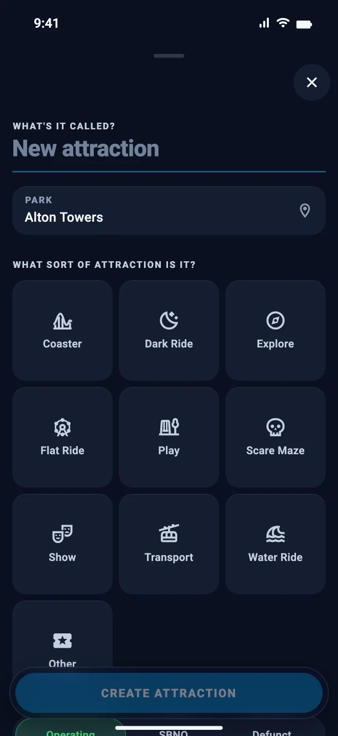 Add Your Own Attraction: the name as the title, then its park and what kind of attraction it is.