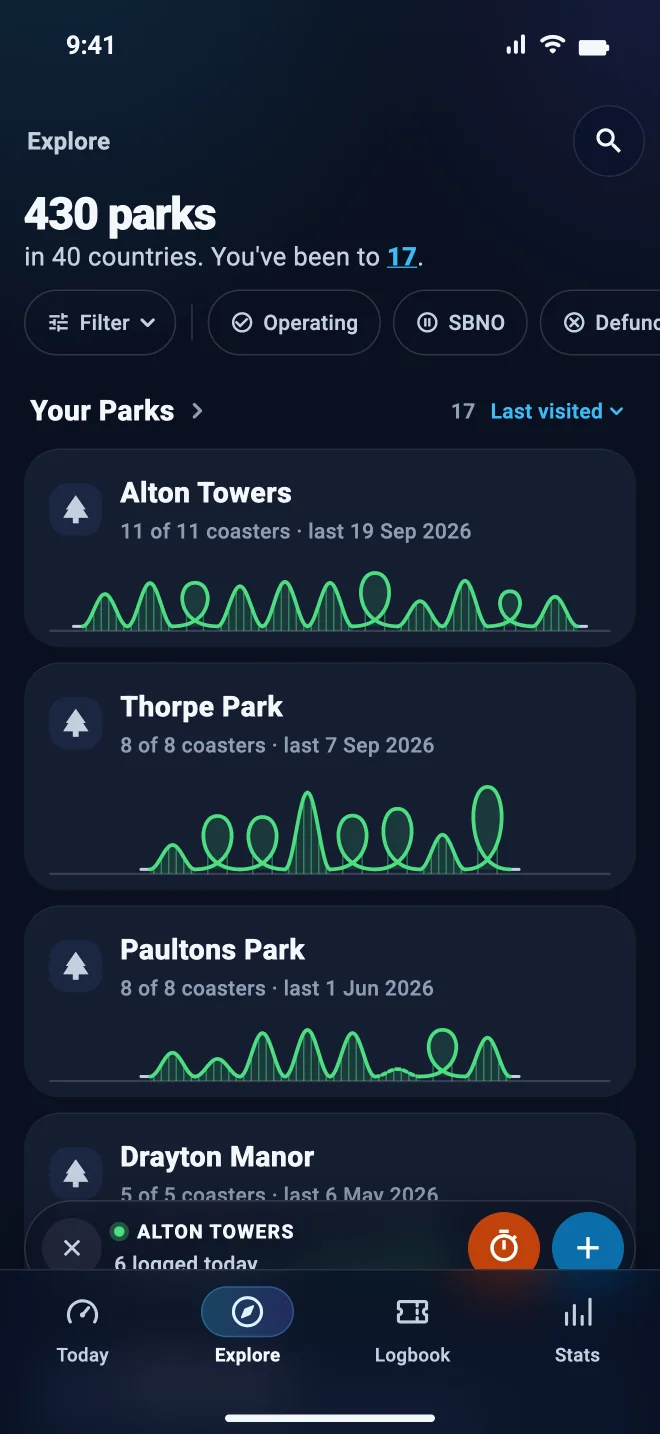 Explore: every park in the catalogue, your parks first, each drawn as its track.