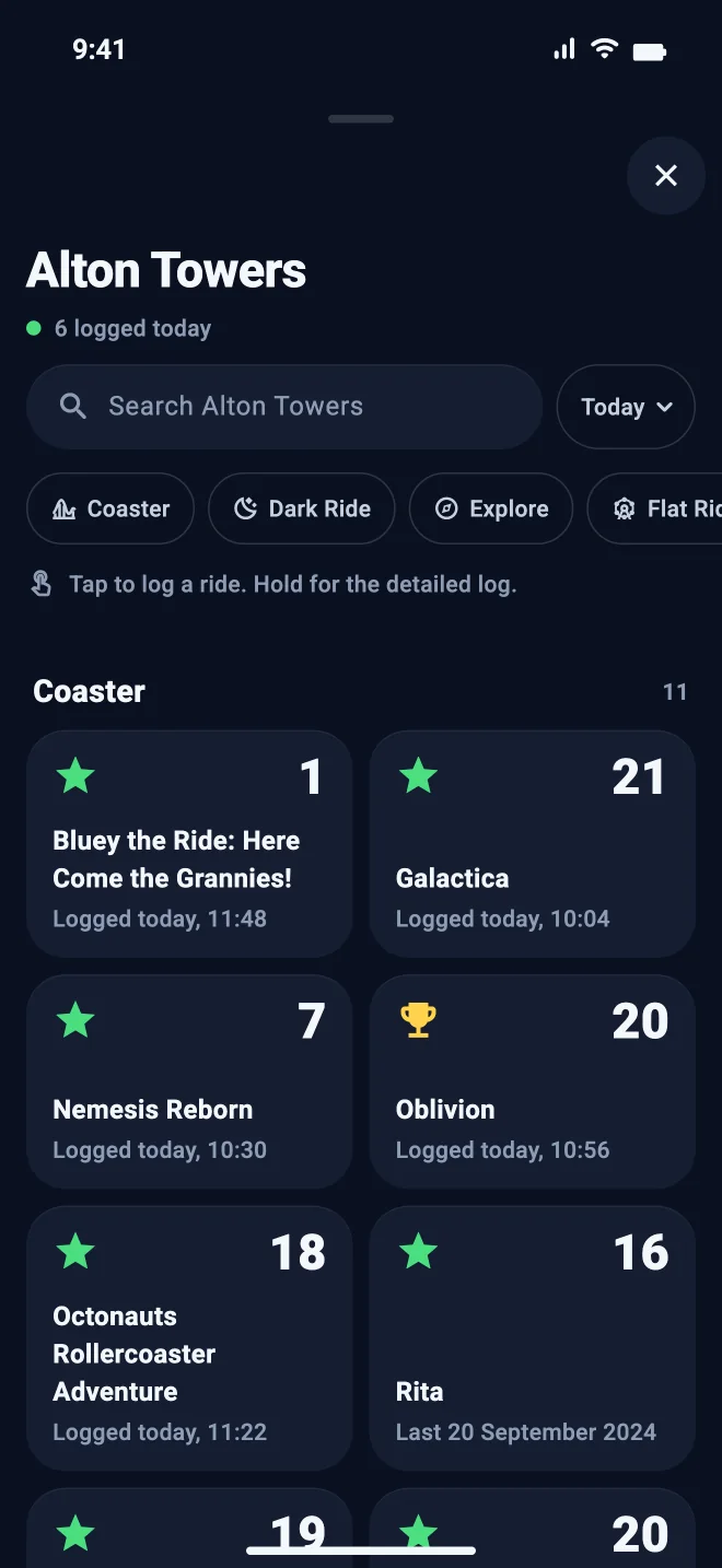 Quick Log at Alton Towers: search, the kinds of attraction, and a tile for each coaster with its count.