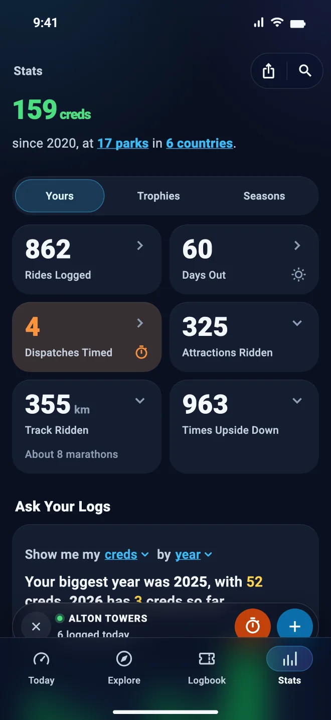 Stats: your creds, parks and countries, rides logged, days out and track ridden.