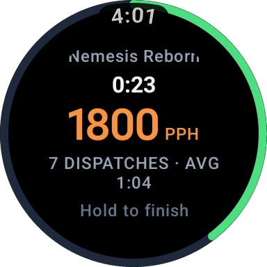 The dispatch timer on the watch, timing Nemesis Reborn.