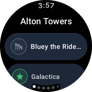 Cred Count on a Wear OS watch: Alton Towers, and its attractions with your creds starred.