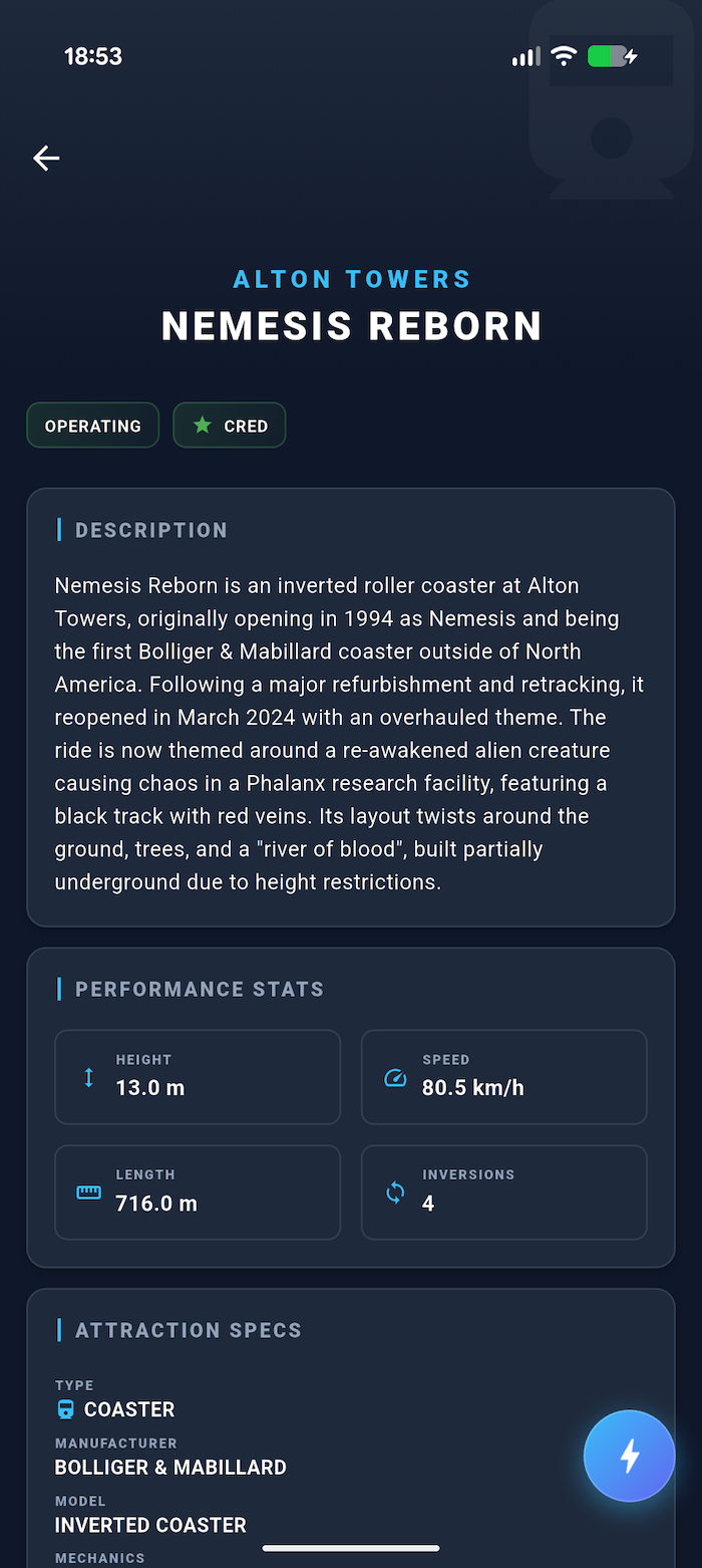 Nemesis Reborn ride detail — description, performance stats and full specs, all available offline